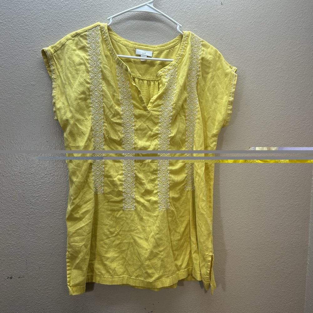 J. Jill‎ Elements Embroidered Yellow Top Womens M Yellow Boho V Neck Cap Sleeves